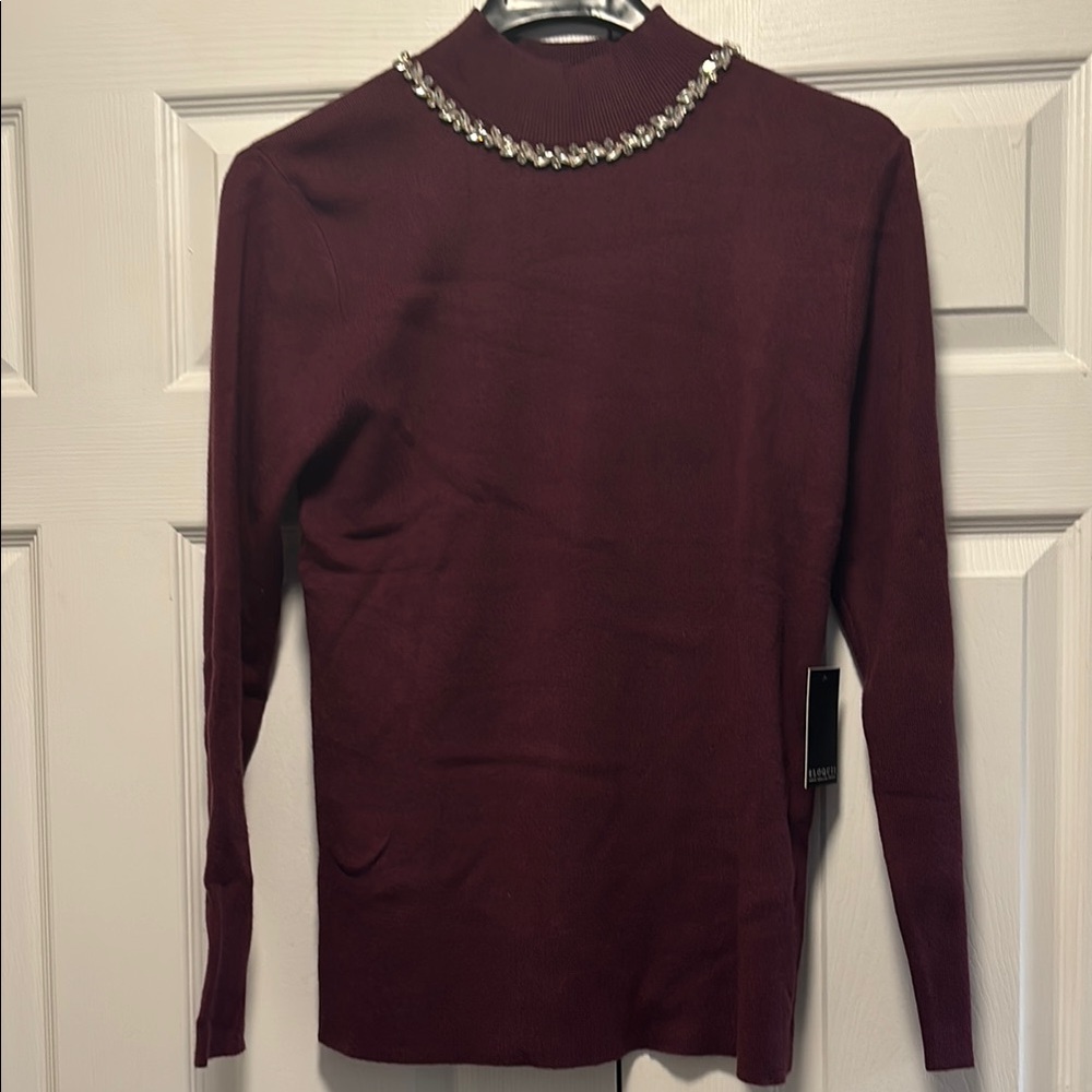 Eloquii Burgundy Long Sleeve Top with Embellished Neckline
